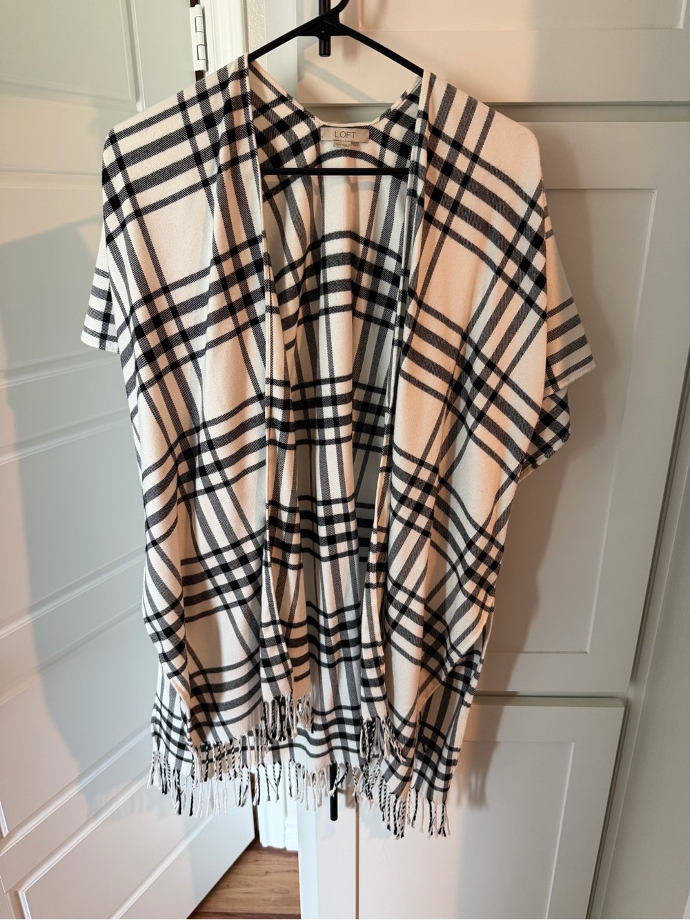 LOFT Black and White Plaid Fringe Open-Front Poncho